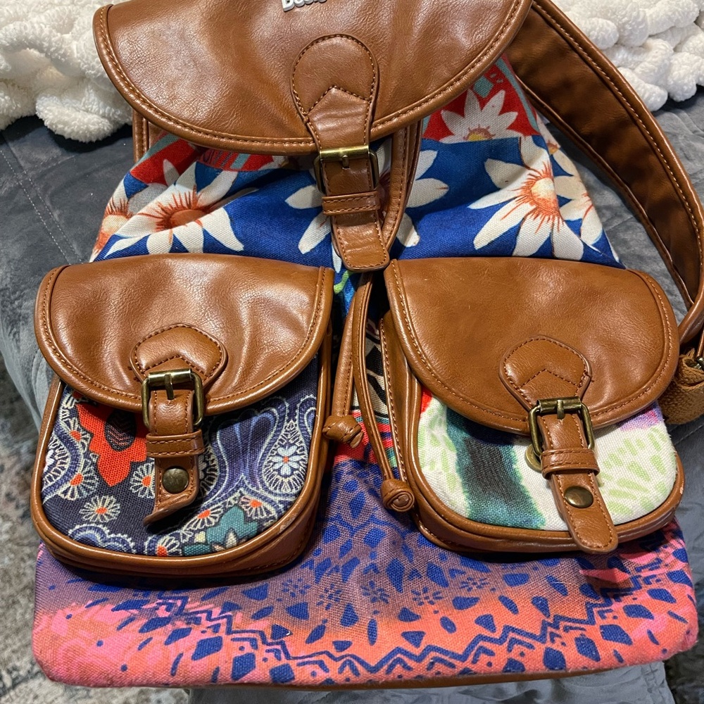 Desigual Brown and Blue Backpack with Leather Accents